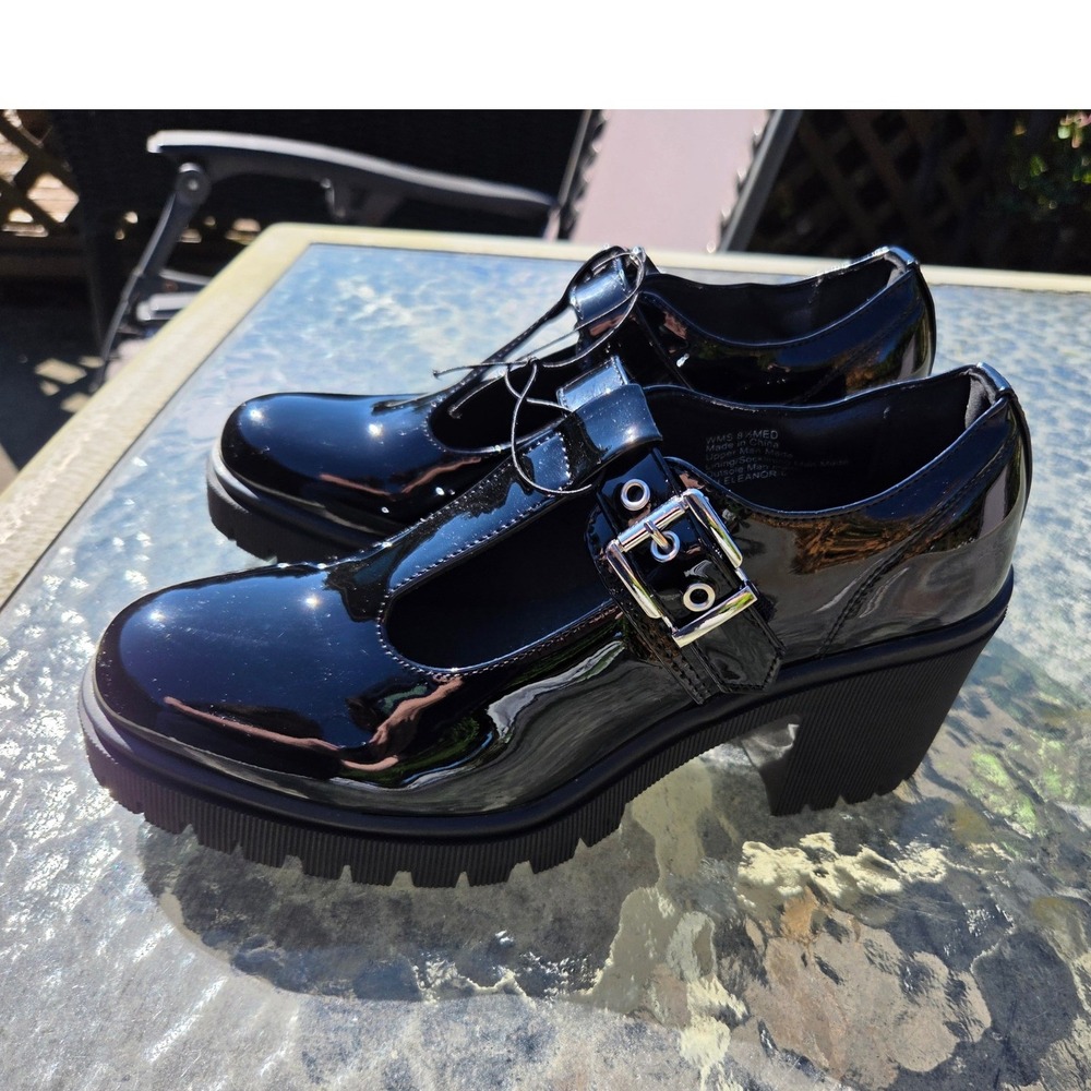Olivia & Kate Mary Jane Shoes Womens 8.5 Black New Patent Platform T-Strap Lug